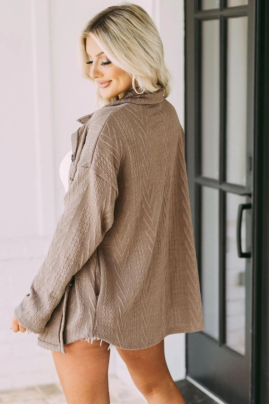 Shewin Women's Khaki Oversized Knit Shacket - Textured Casual Button Front Cardigan Coat