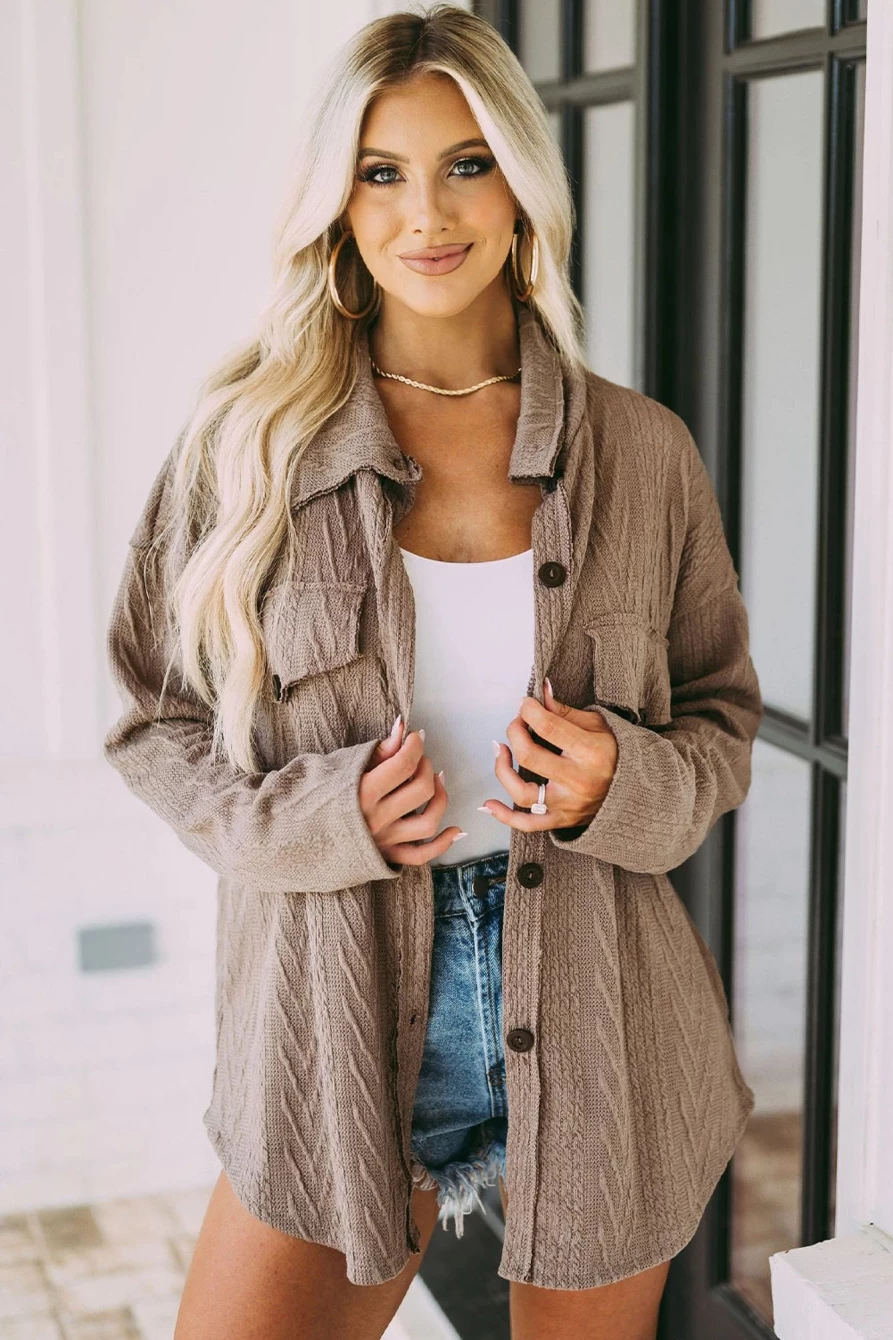Shewin Women's Khaki Oversized Knit Shacket - Textured Casual Button Front Cardigan Coat