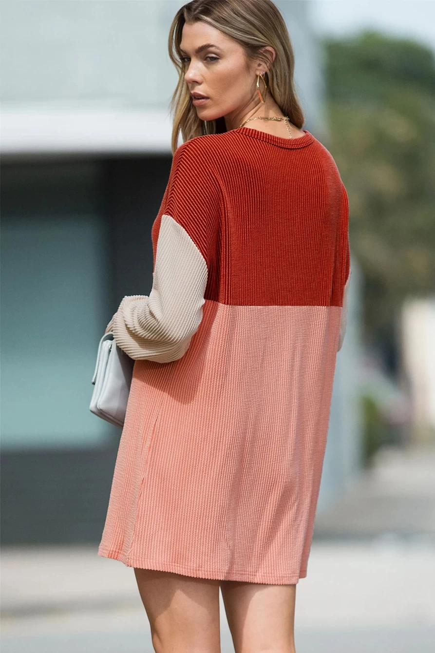 Shewin Women's Clay Red Colorblock Long Sleeve Mini Dress