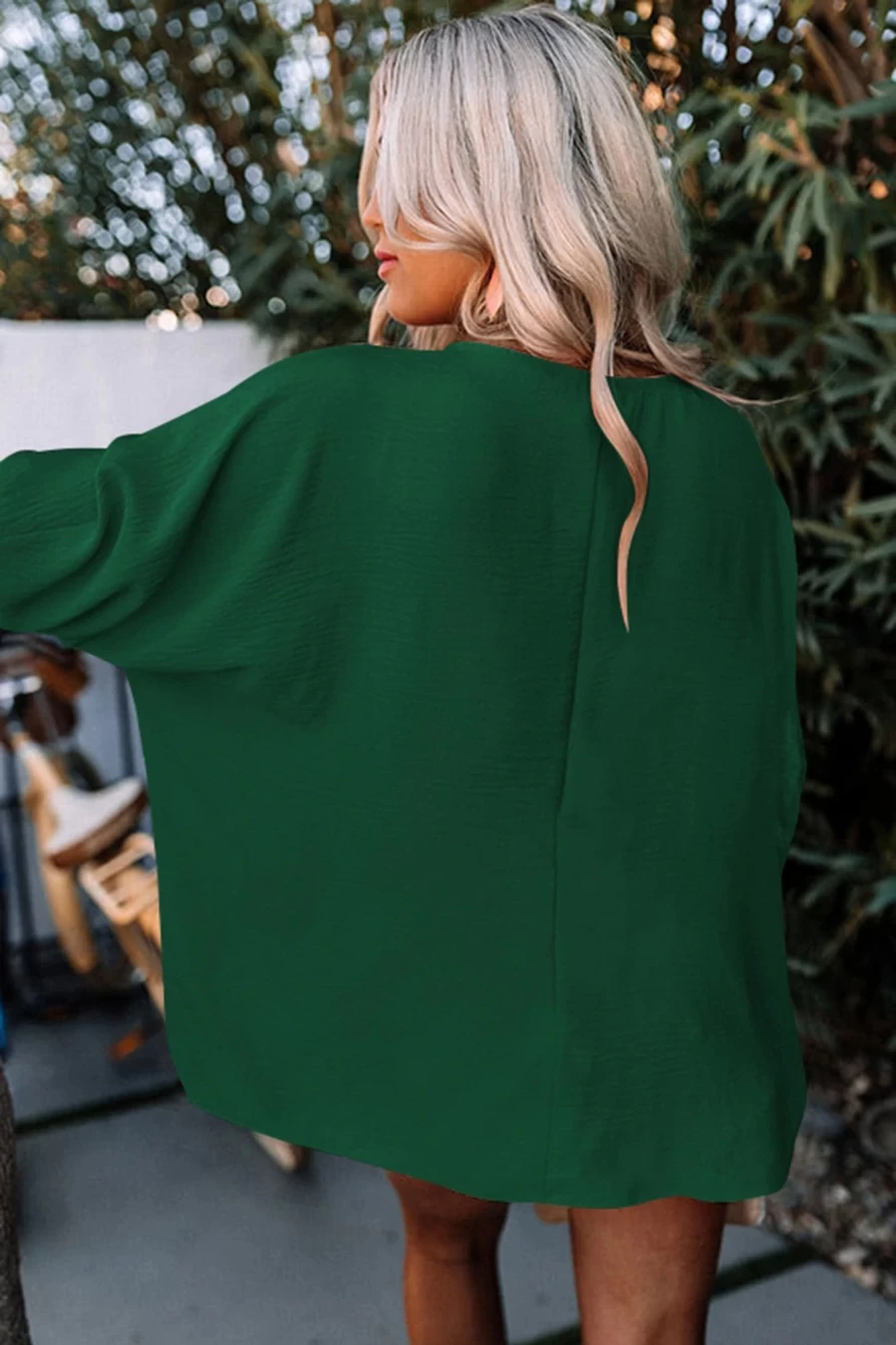 Shewin Women's Green Casual Top with Shirred Cuffs & Half Sleeve