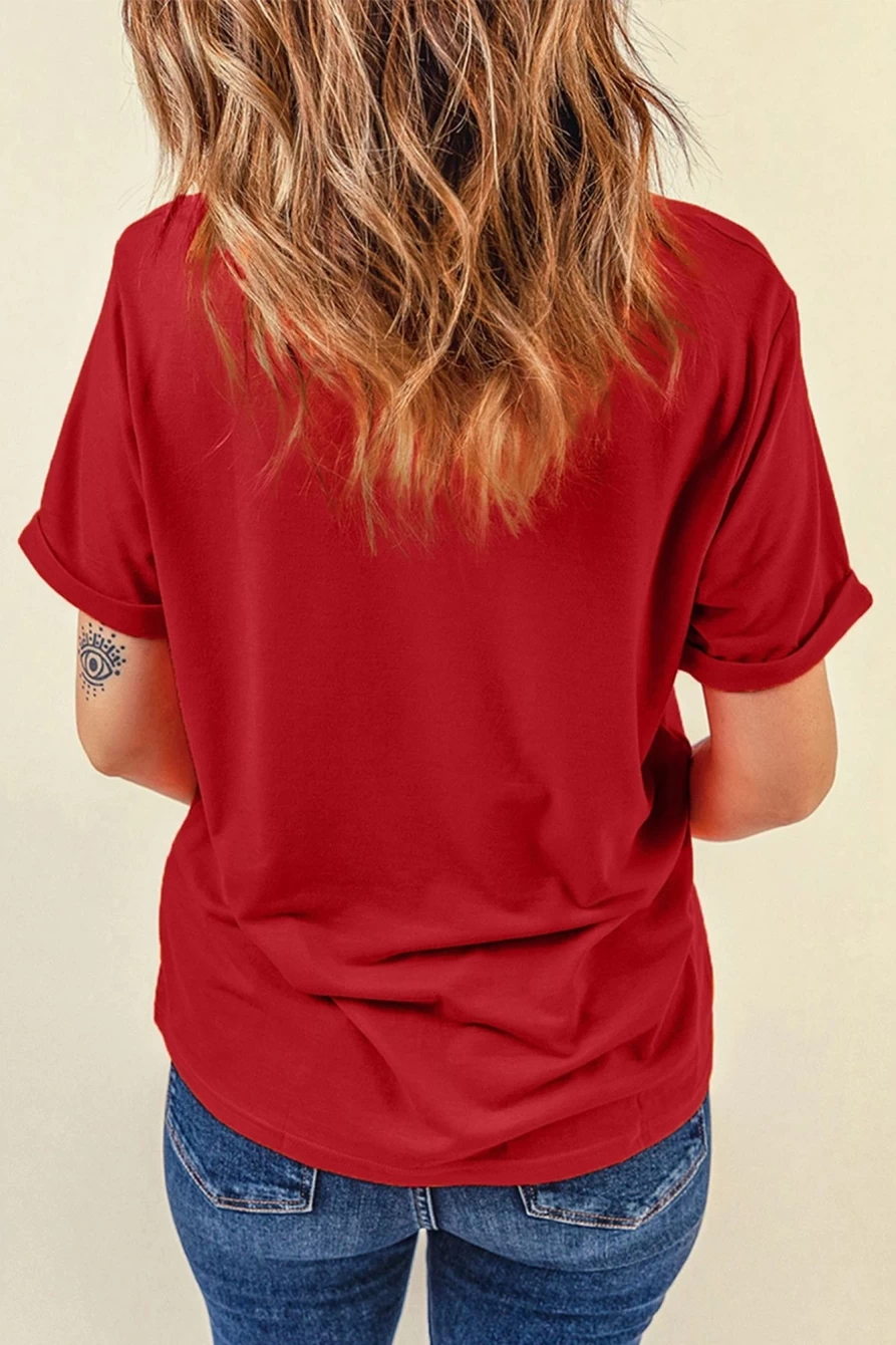 Shewin Women's Red-2 Valentine's Day Sequined Love Letter Graphic T-Shirt