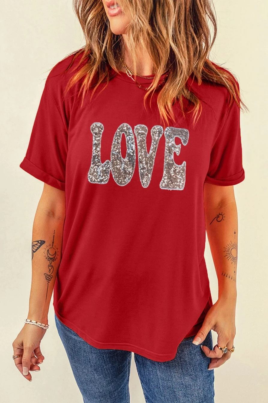 Shewin Women's Red-2 Valentine's Day Sequined Love Letter Graphic T-Shirt