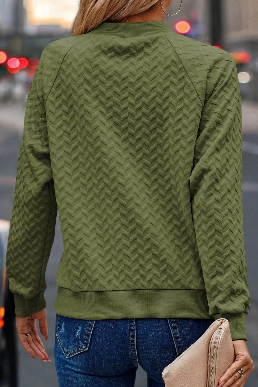 Shewin Women's Pickle Green Textured Raglan Sleeve Pullover Sweatshirt