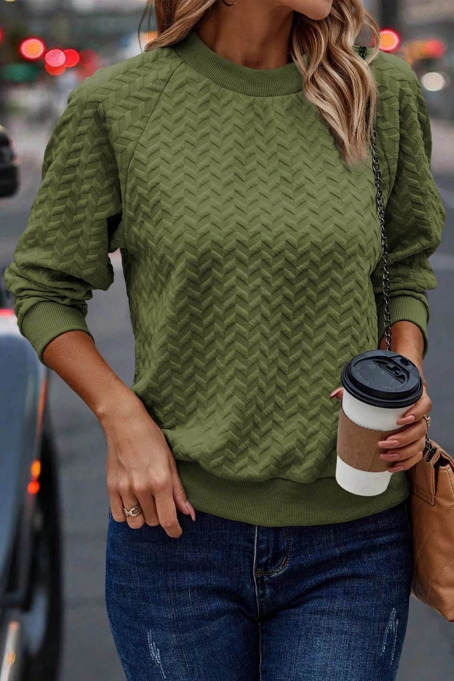 Shewin Women's Pickle Green Textured Raglan Sleeve Pullover Sweatshirt