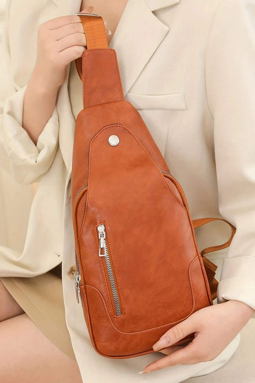 Shewin Women's Chestnut Adjustable Straps PU Leather Zipped Sling Bag