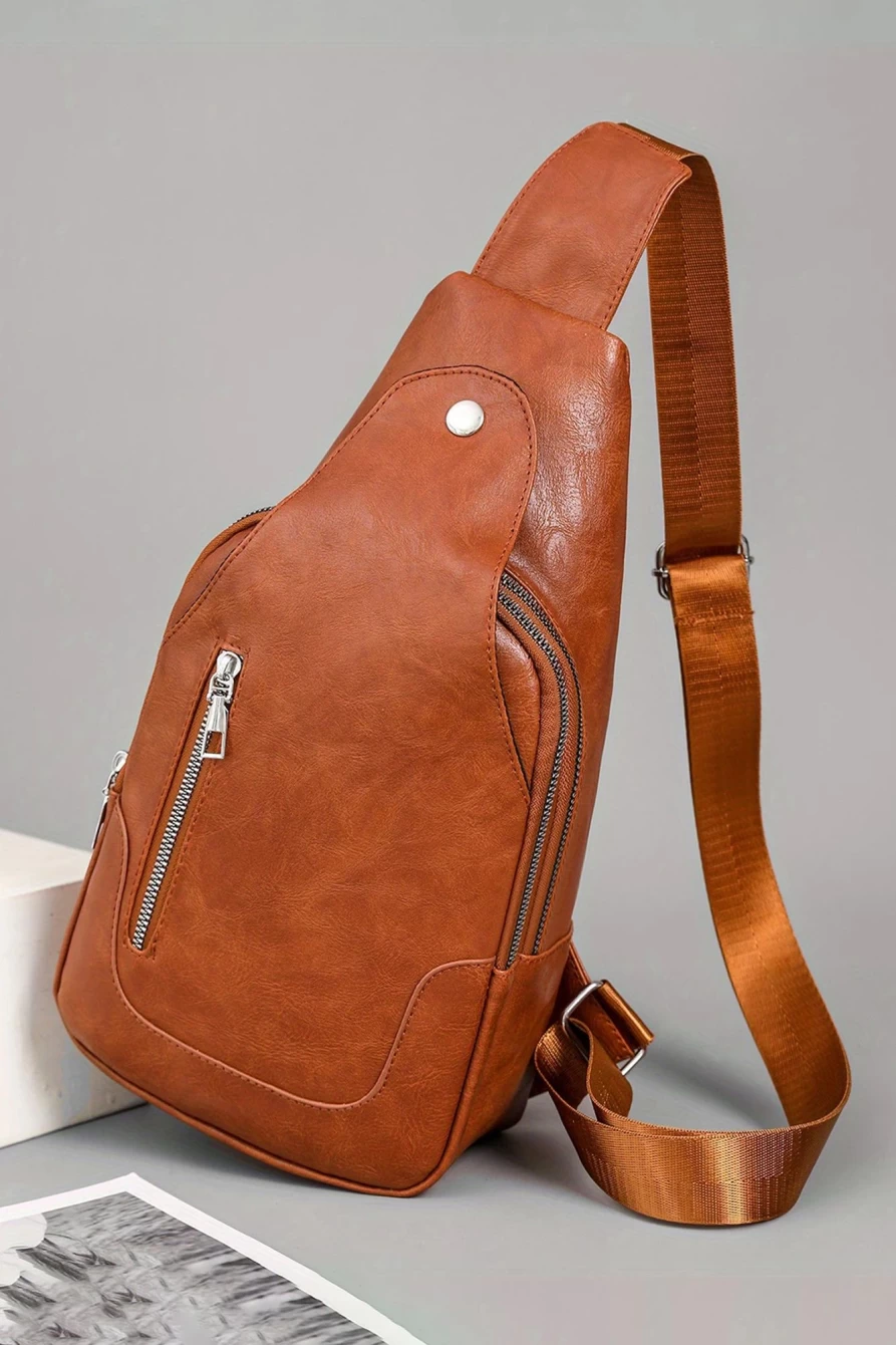 Shewin Women's Chestnut Adjustable Straps PU Leather Zipped Sling Bag