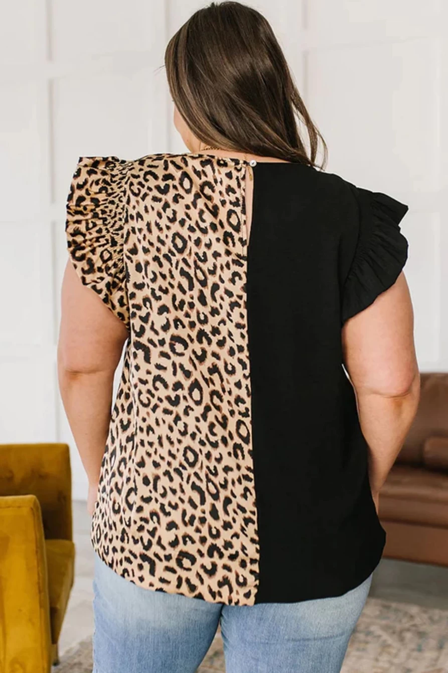 Shewin Women's Black Leopard Print Plus Size Top with Ruffle Sleeves