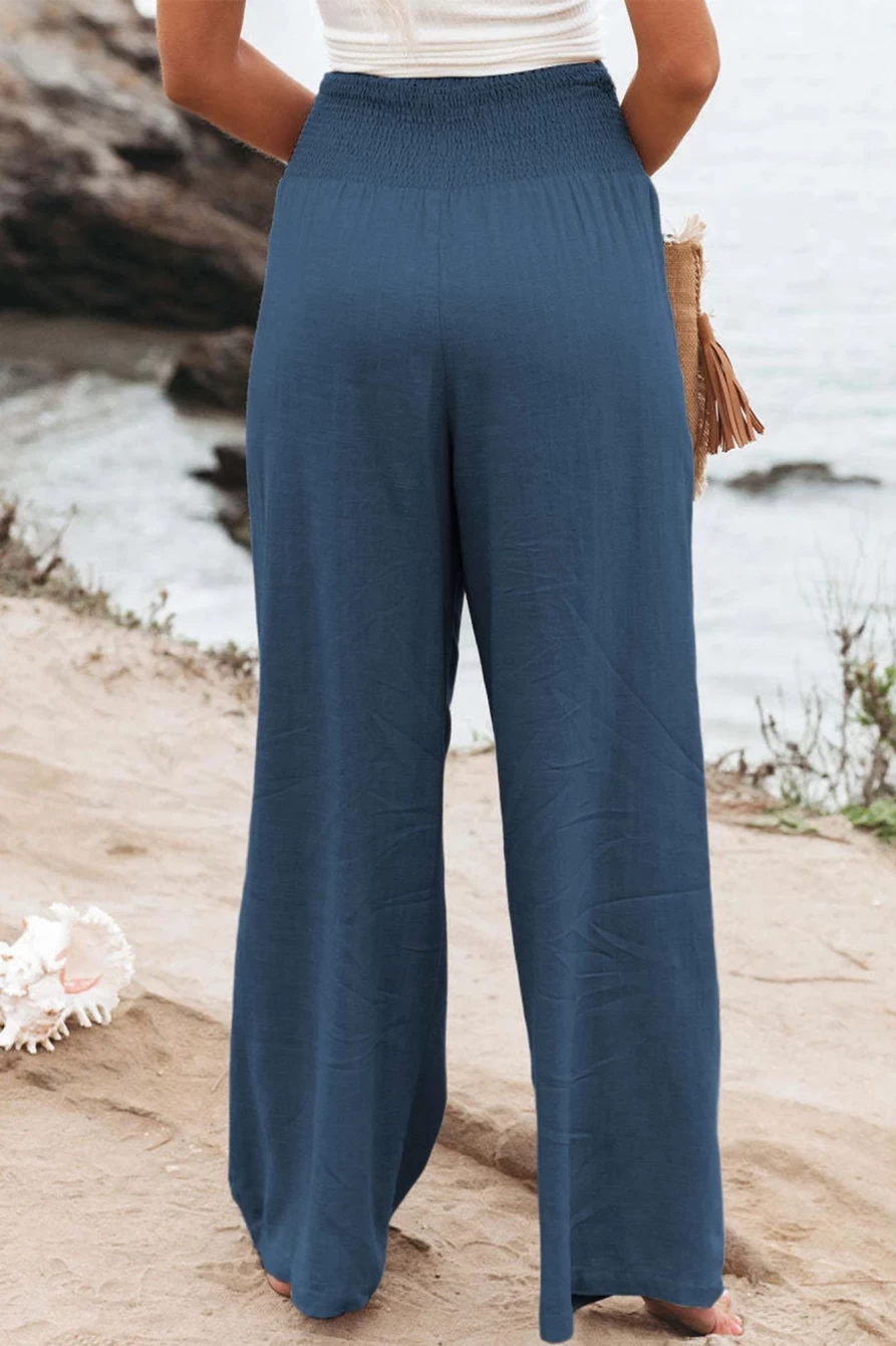 Shewin Women's Sky Blue Smocked High Waist Wide Leg Pants with Wide Waistband