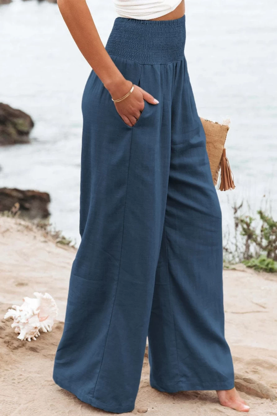 Shewin Women's Sky Blue Smocked High Waist Wide Leg Pants with Wide Waistband