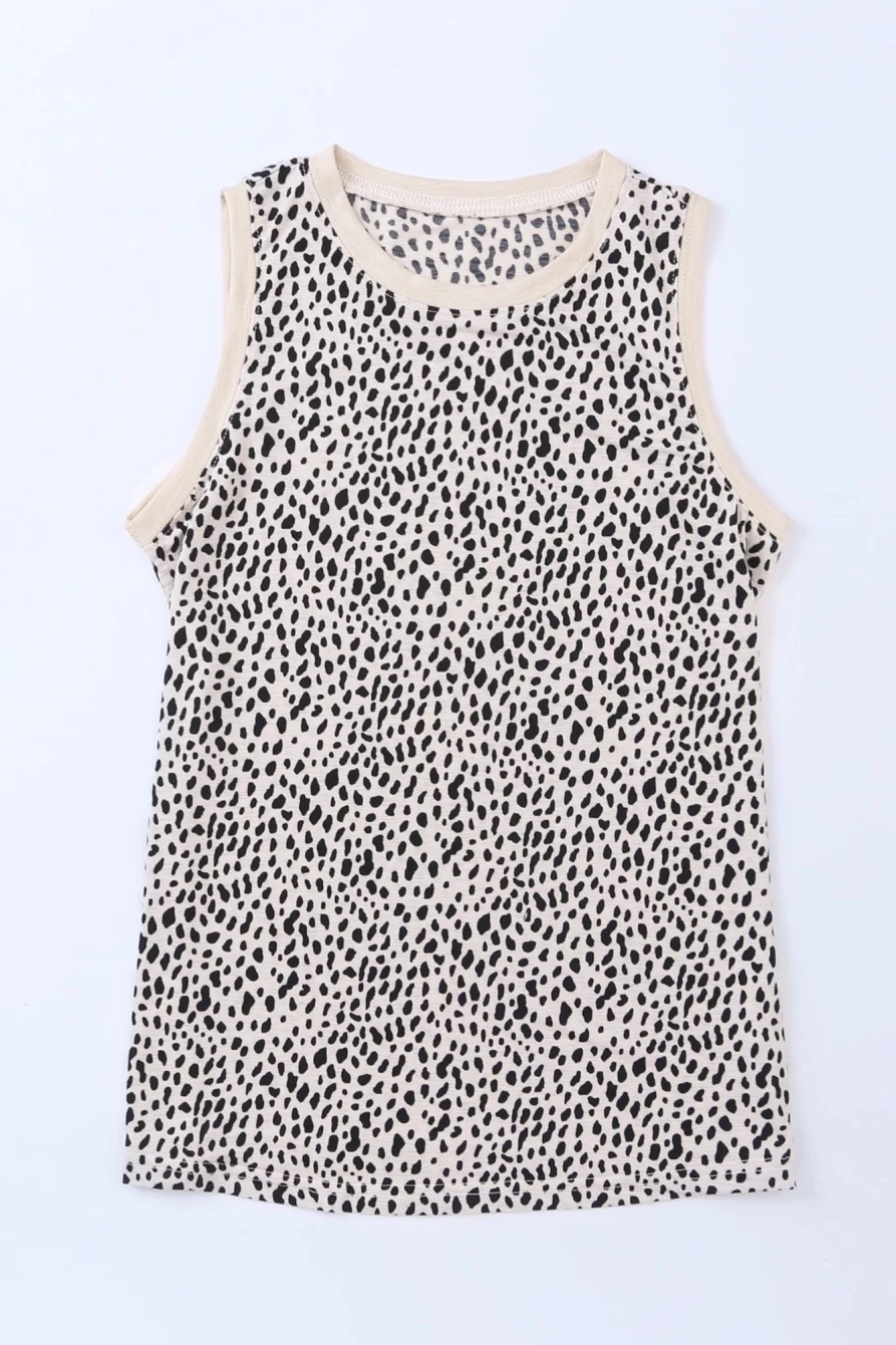 Shewin Women's Leopard Print Contrast Trim Casual Round Neck Tank Top