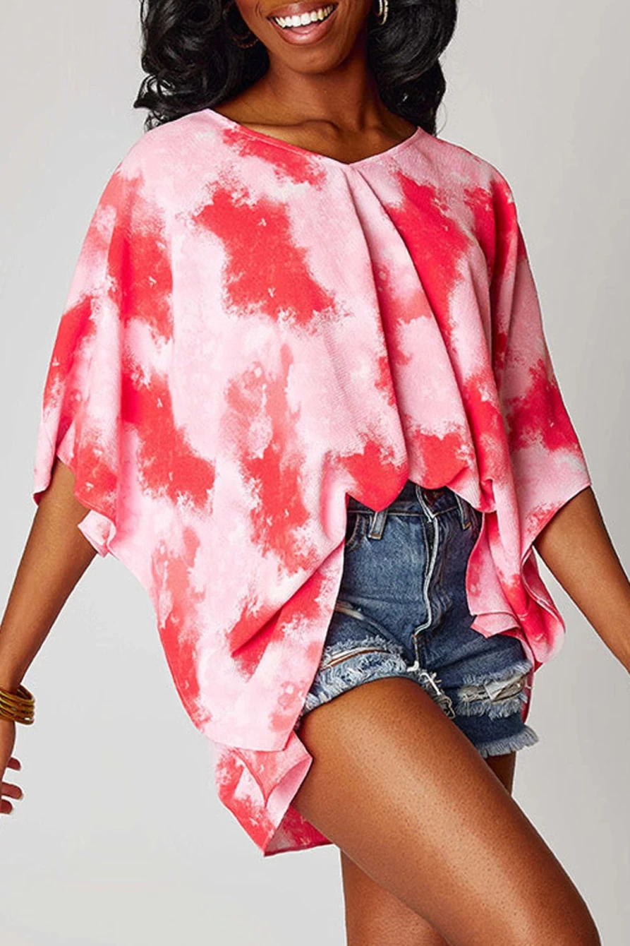 Shewin Women's Plus Size Red Tie-Dye Print 3/4 Sleeve Tunic Top
