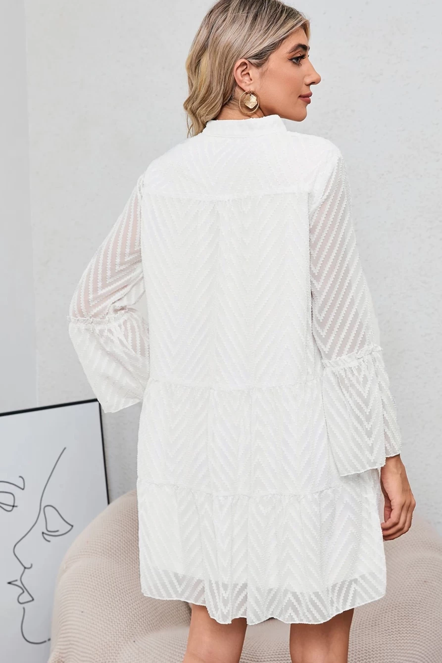 Shewin Women's White Chevron Textured Mesh Tiered Dress with Notch Neck