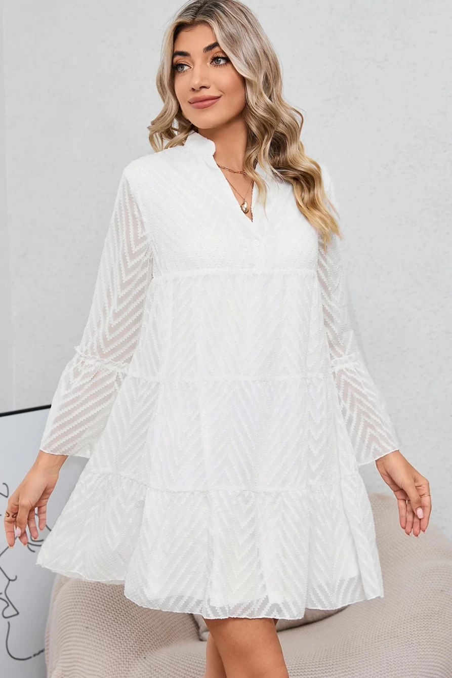Shewin Women's White Chevron Textured Mesh Tiered Dress with Notch Neck
