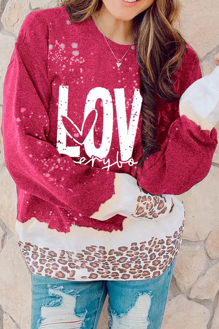 "SheWin Women's Red Bleached Leopard Print Graphic Sweatshirt - Trendy Animal Print Pullover"