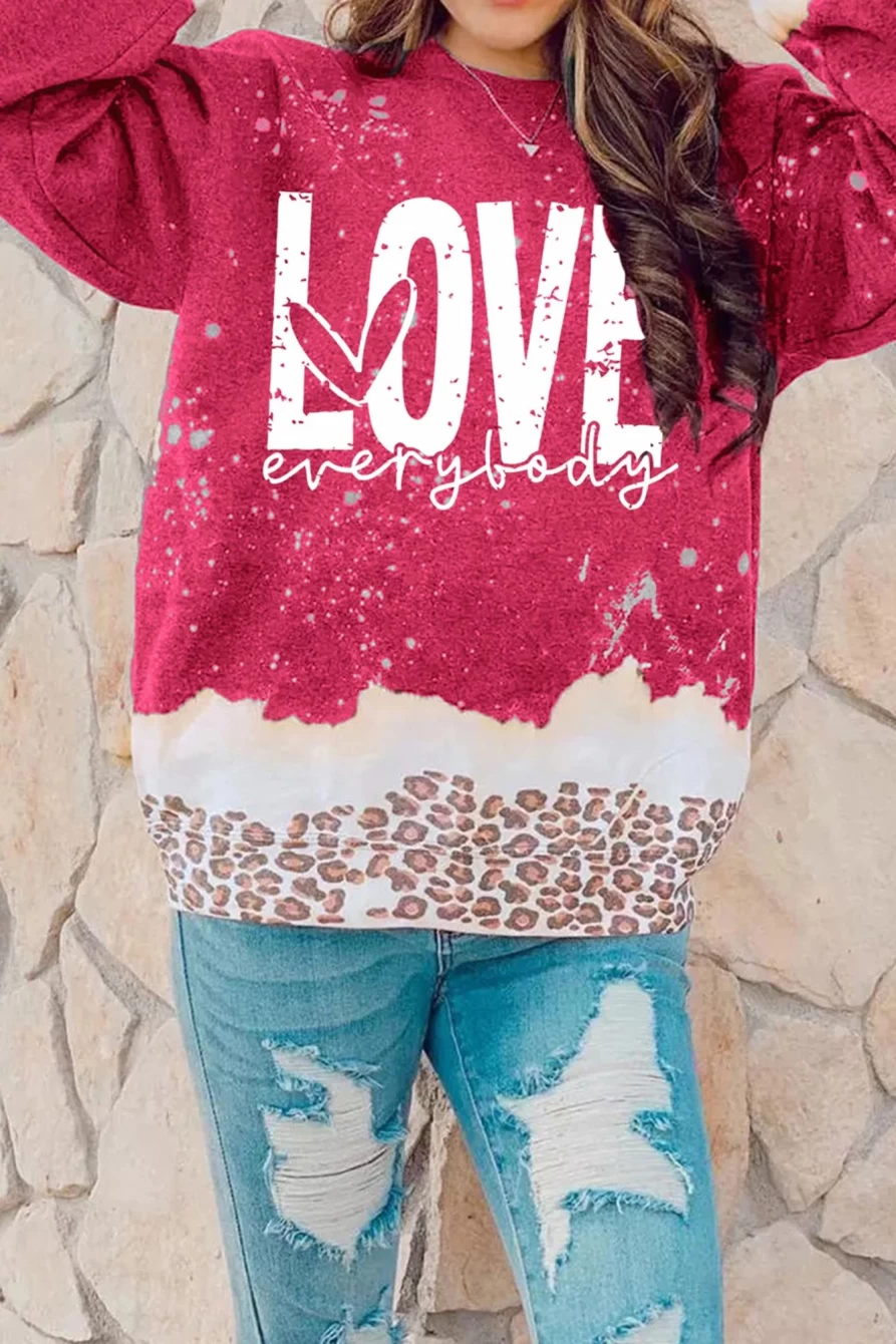 "SheWin Women's Red Bleached Leopard Print Graphic Sweatshirt - Trendy Animal Print Pullover"