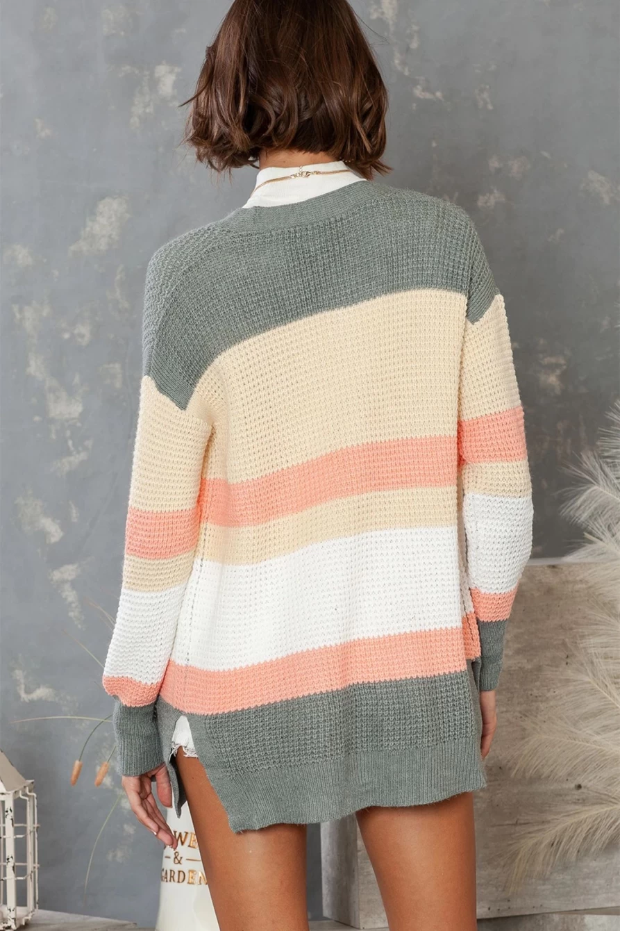 Shewin Women's Multicolor Stripe Long Sleeve Cardigan with Color Block Design and Pockets