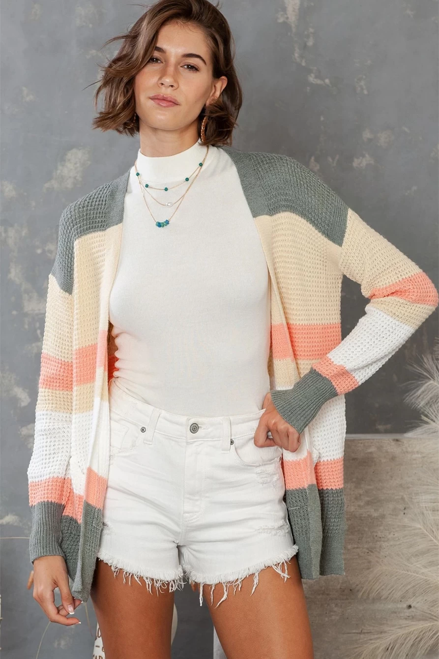 Shewin Women's Multicolor Stripe Long Sleeve Cardigan with Color Block Design and Pockets