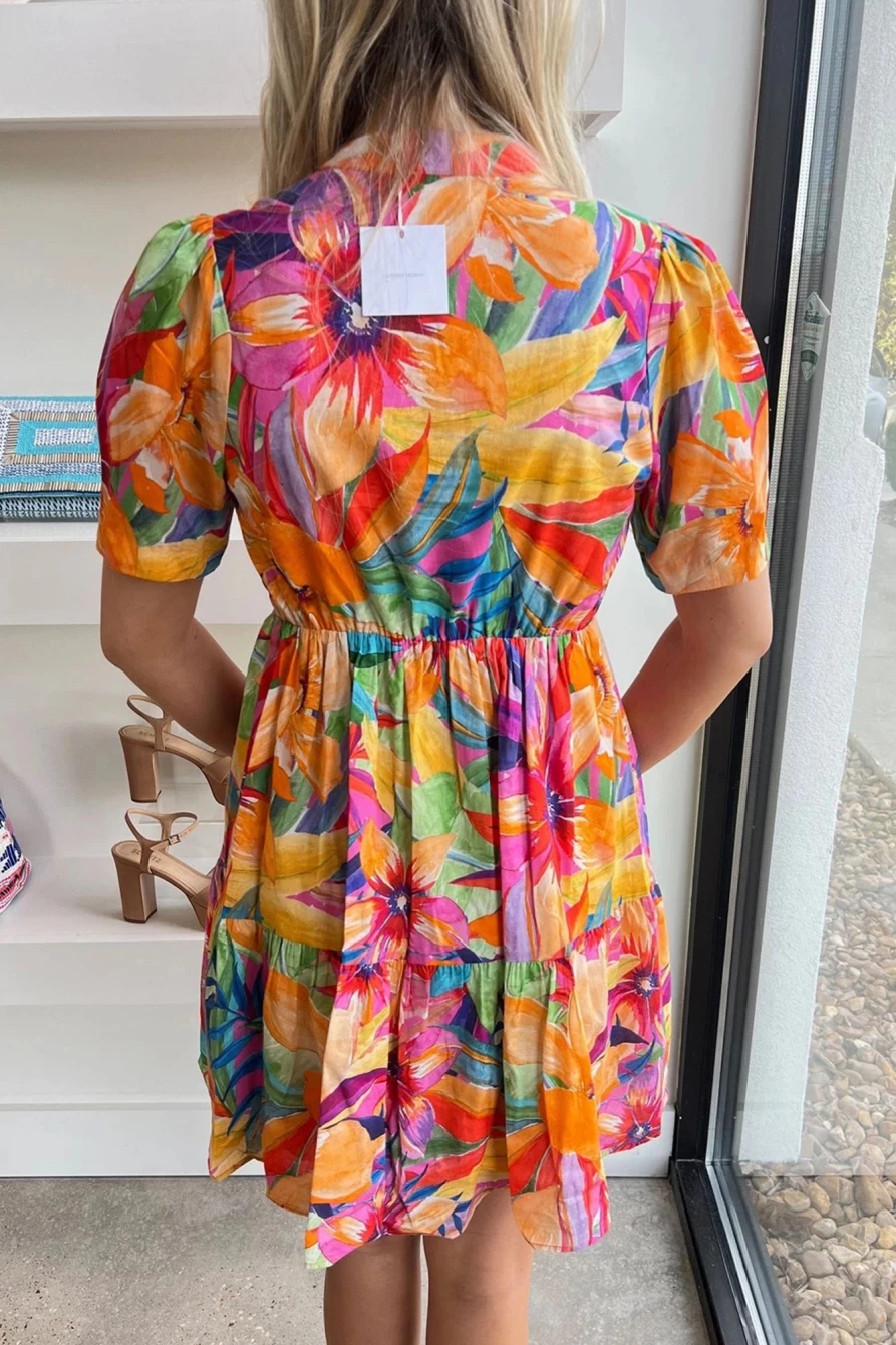 Shewin Women's Multicolor Floral Print V-Neck Flared Short Sleeve Dress