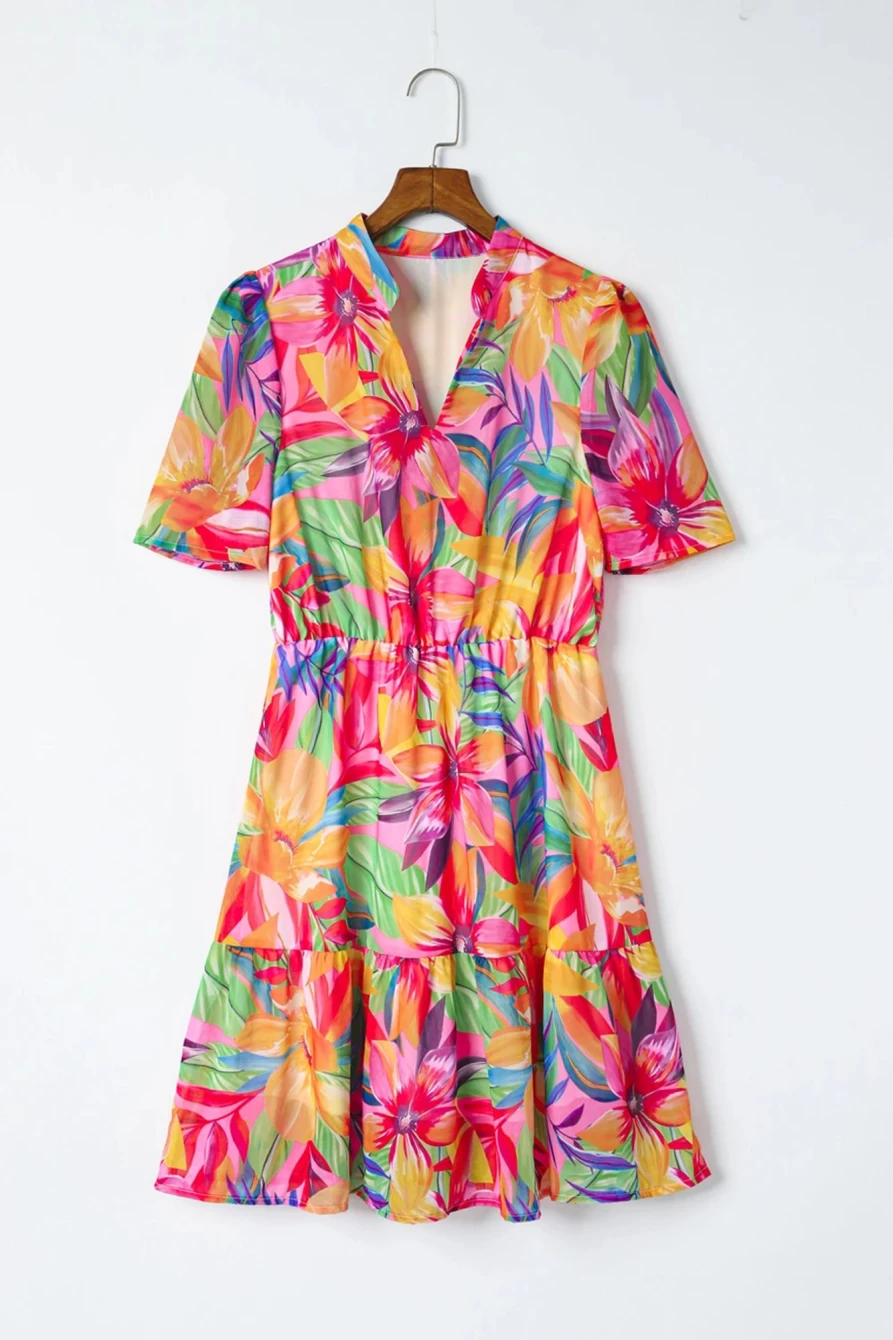 Shewin Women's Multicolor Floral Print V-Neck Flared Short Sleeve Dress