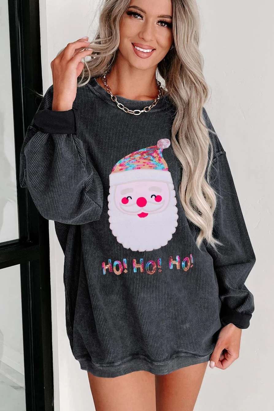 "Women's Black Sequin Santa Claus 'Ho Ho Ho' Graphic Hooded Sweatshirt by Shewin"