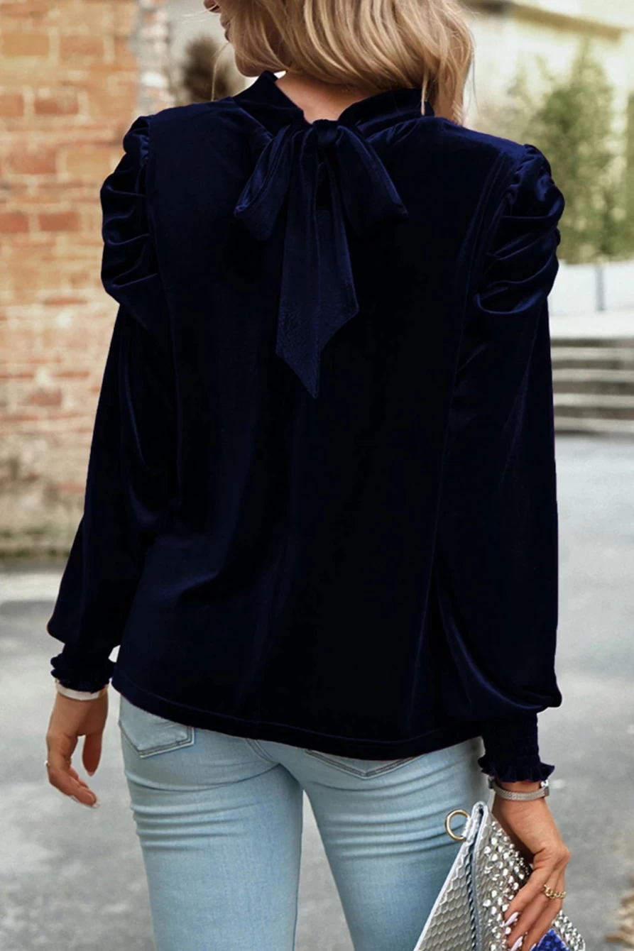 Shewin Women's Navy Blue Velvet Mock Keyhole Blouse with Puff Sleeves
