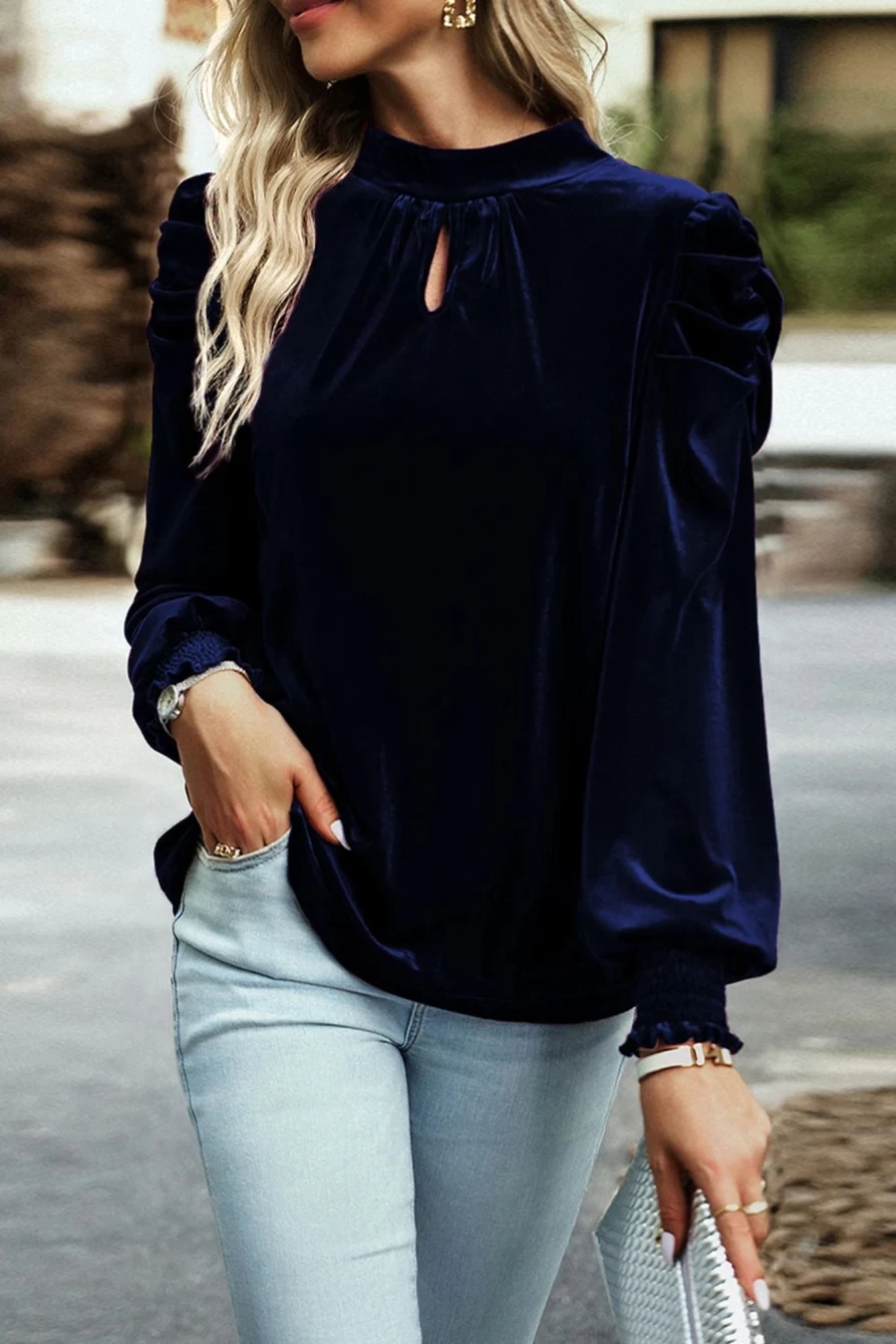 Shewin Women's Navy Blue Velvet Mock Keyhole Blouse with Puff Sleeves
