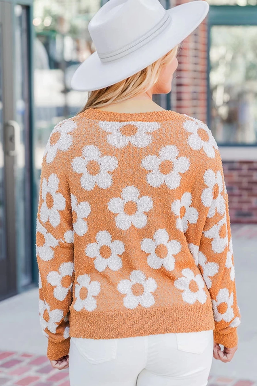 "Shewin Women's Grapefruit Orange Floral Print Fuzzy Knit Drop Shoulder Sweater"