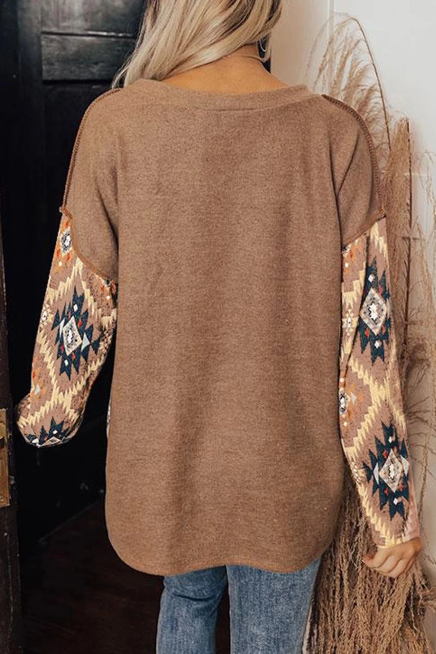 Shewin Women's Brown Geometric Print Button-Up Drop Shoulder Long Sleeve Blouse