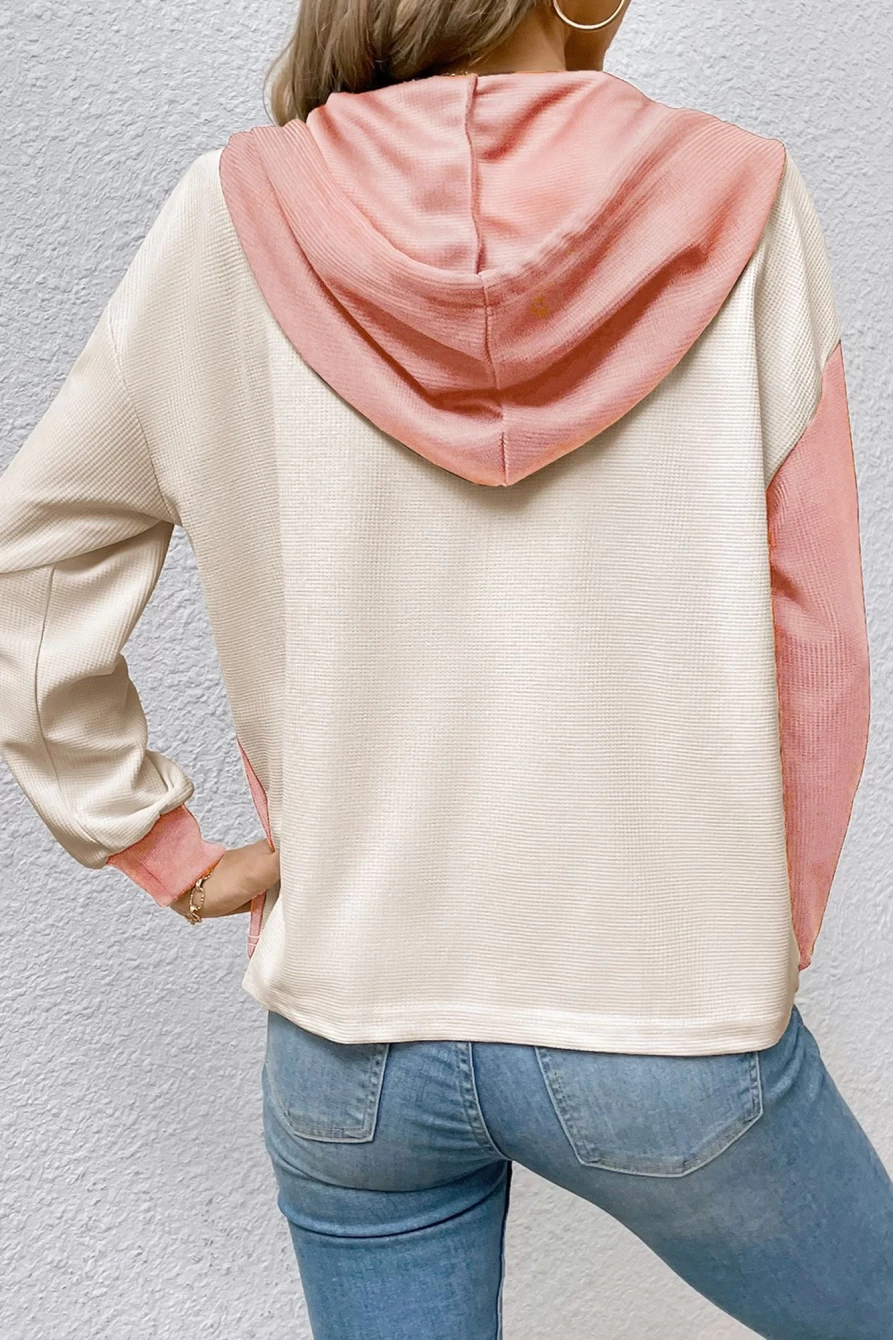 Shewin Women's Peach Blossom Textured Henley Hoodie with Color Block & Pockets