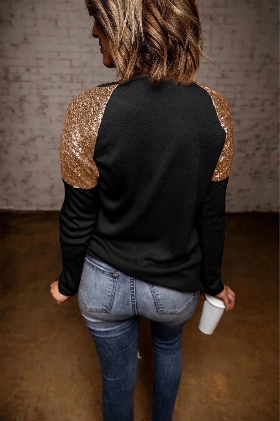 Shewin Women's Black Sequined Nutcracker Graphic Tee with Raglan Sleeves
