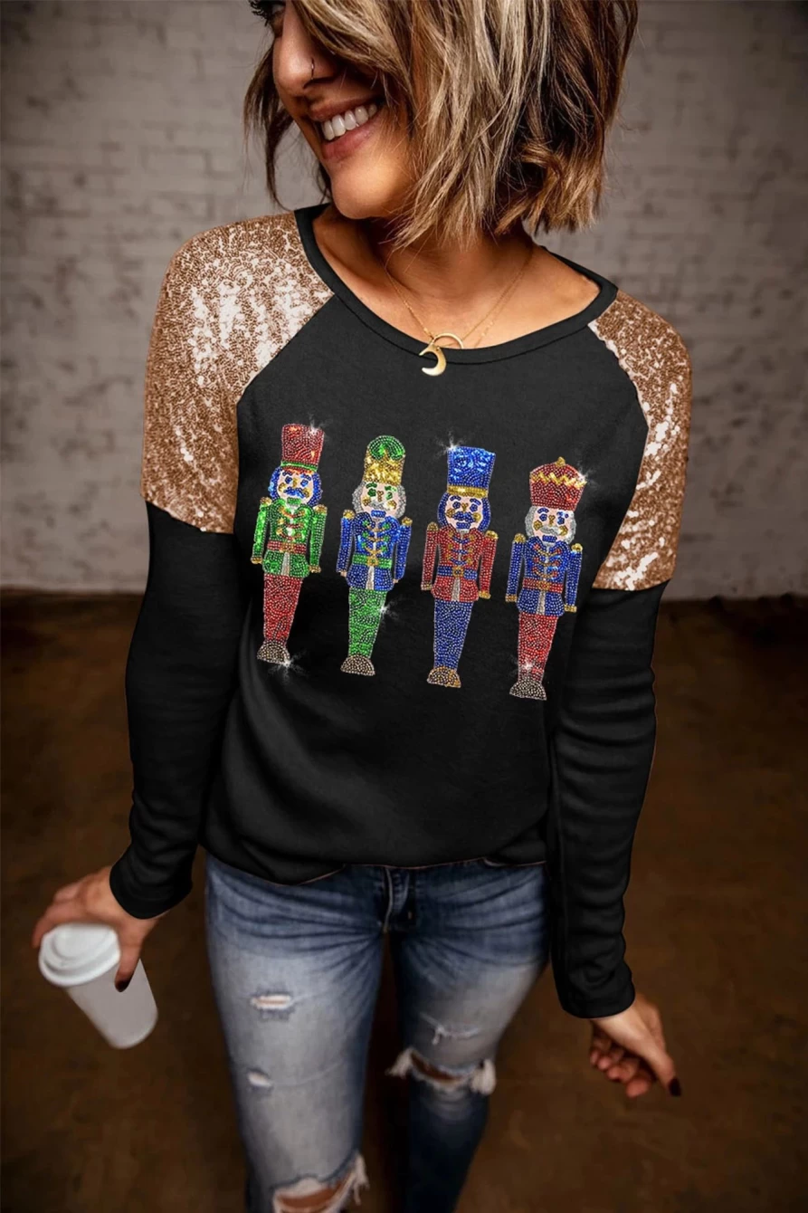 Shewin Women's Black Sequined Nutcracker Graphic Tee with Raglan Sleeves