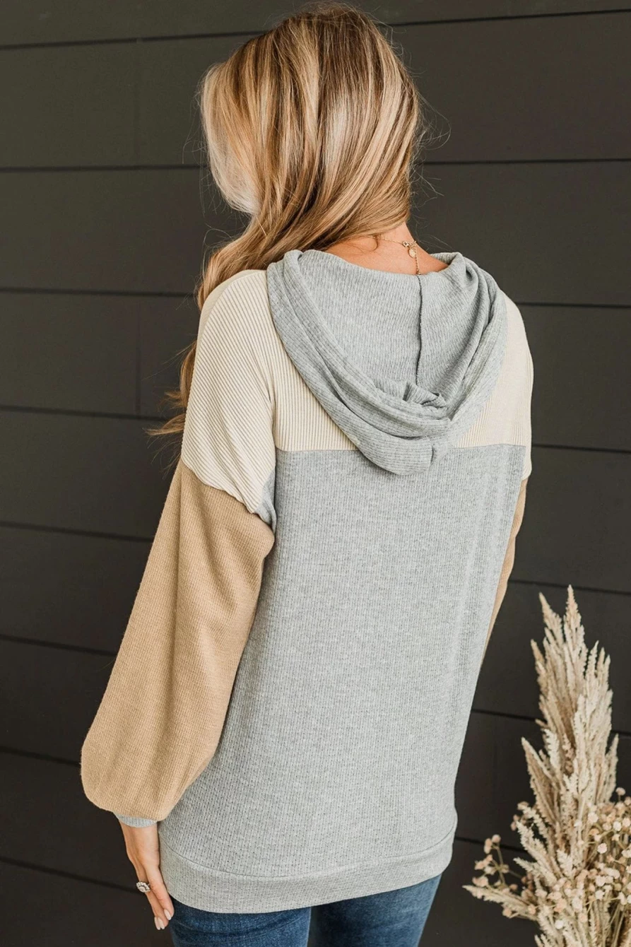 Shewin Women's Gray Vintage Ribbed Knit Color Block Hoodie - Retro Style Pullover Sweatshirt