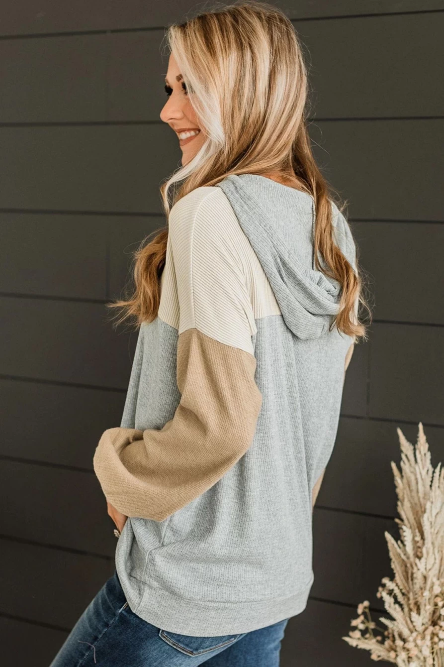 Shewin Women's Gray Vintage Ribbed Knit Color Block Hoodie - Retro Style Pullover Sweatshirt