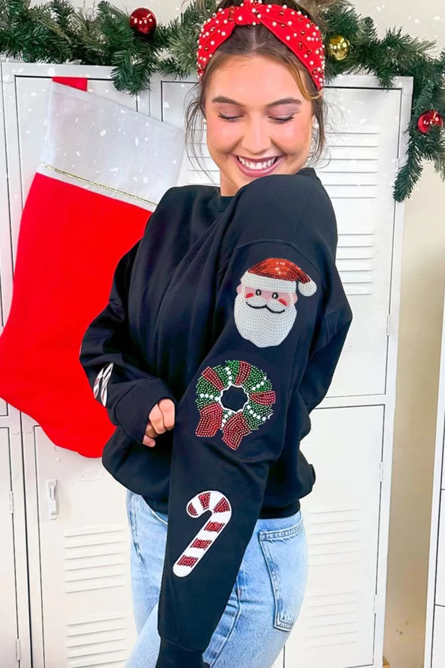 Shewin Women's Black Christmas Sequins Graphic Crewneck Sweatshirt Holiday Party Top