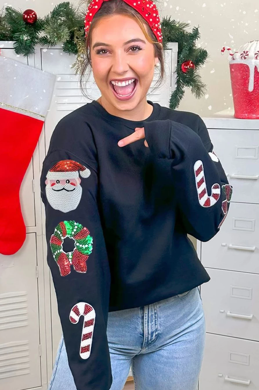Shewin Women's Black Christmas Sequins Graphic Crewneck Sweatshirt Holiday Party Top