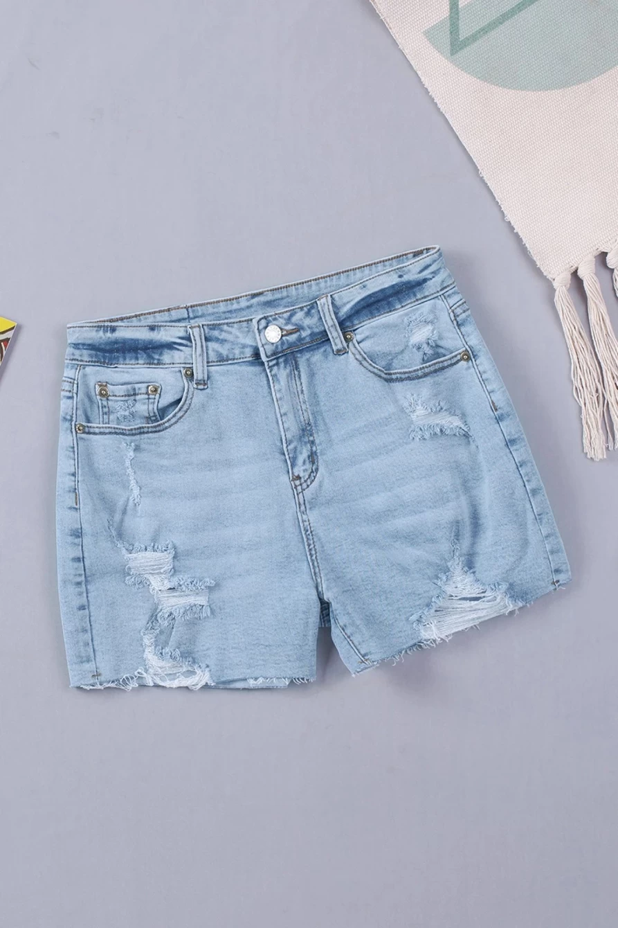 "SheWin Women's Sky Blue Frayed Slim-Fit High Waist Denim Shorts"