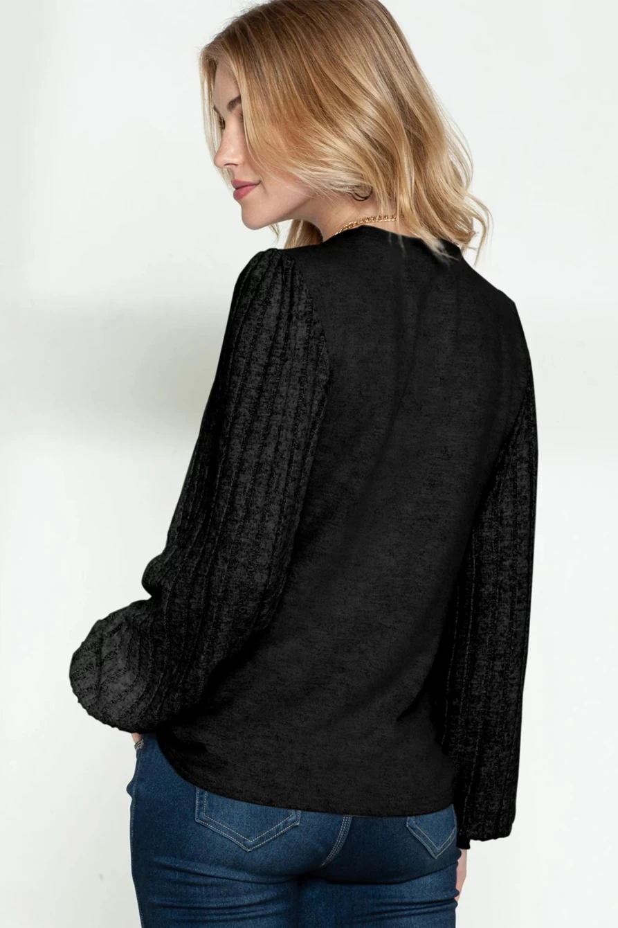Shewin Women's Black Solid Color Contrast Ribbed Top with Bishop Sleeves