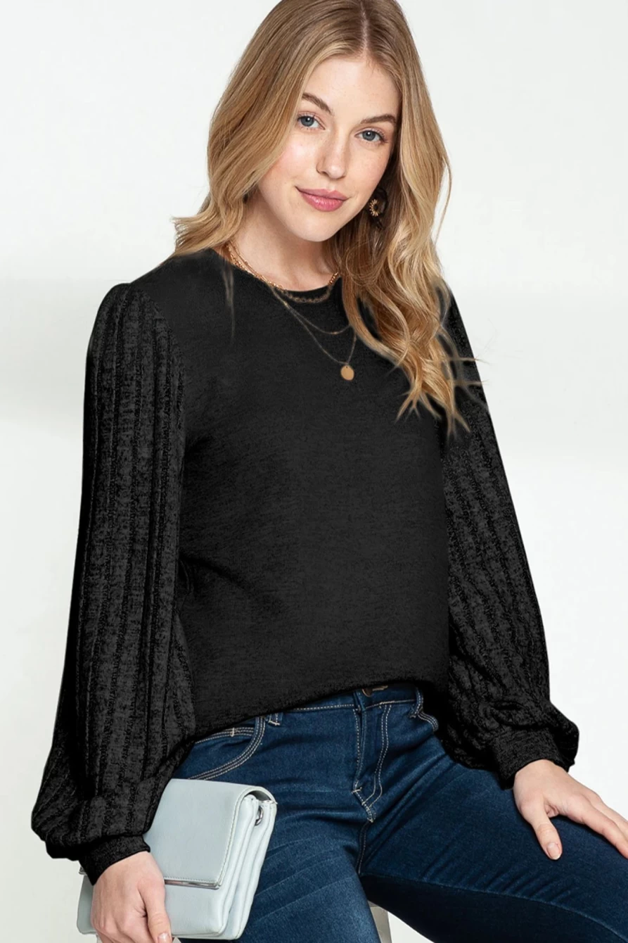 Shewin Women's Black Solid Color Contrast Ribbed Top with Bishop Sleeves