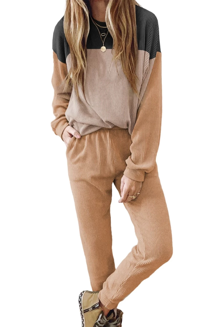 Shewin Women's Khaki Colorblock Slouchy Top & Pants Set Casual Outfit