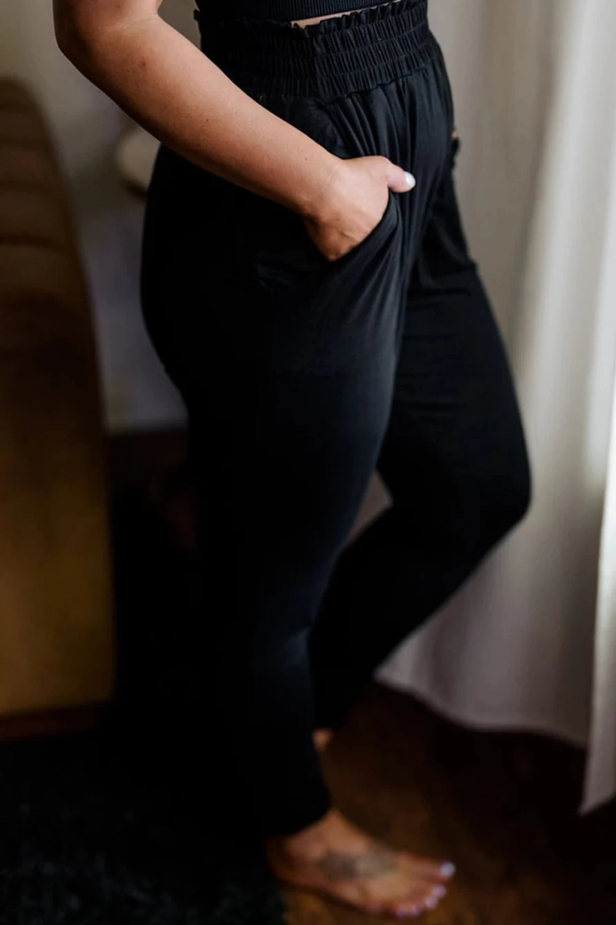 Shewin Women's Plus Size Black High Waist Smocked Soft Pants with Pockets