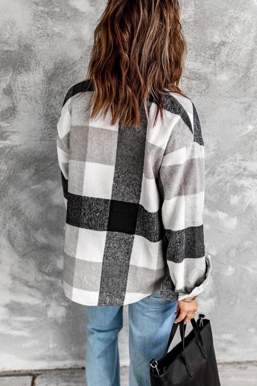 Women's Gray Plaid Button-Up Shacket with Color Block Pockets - Shewin