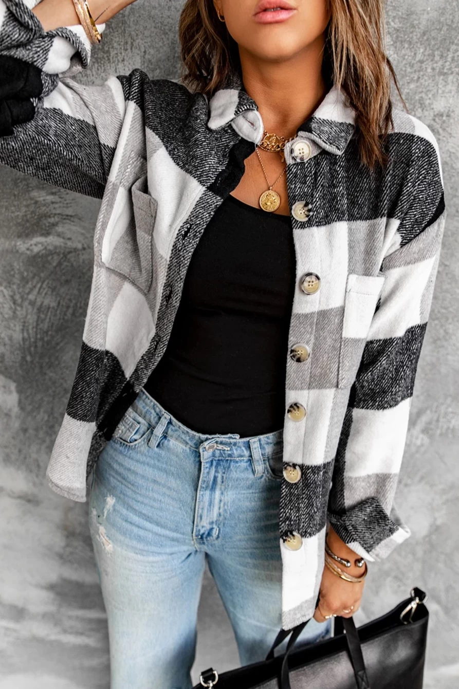Women's Gray Plaid Button-Up Shacket with Color Block Pockets - Shewin
