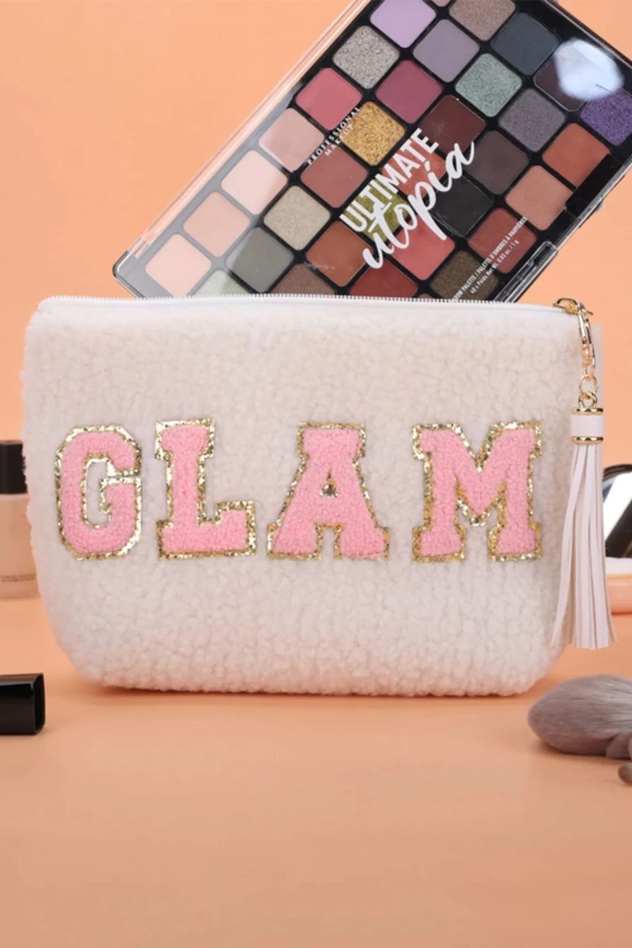 Shewin White Women's Makeup Bag with Calm Letter Pattern and Tassel Zipper