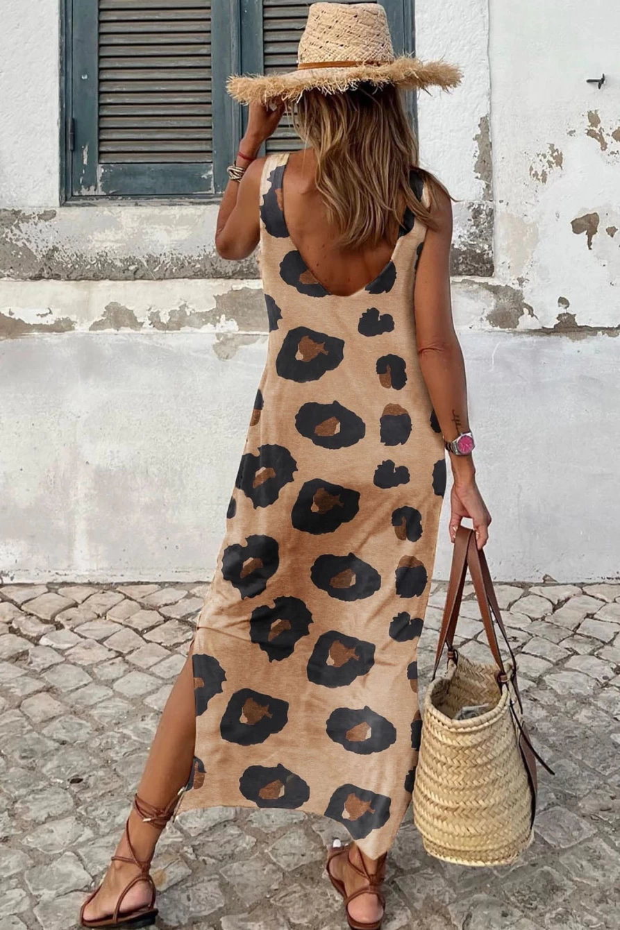 Shewin Women's Leopard Print Split Open Back Sleeveless Maxi Dress