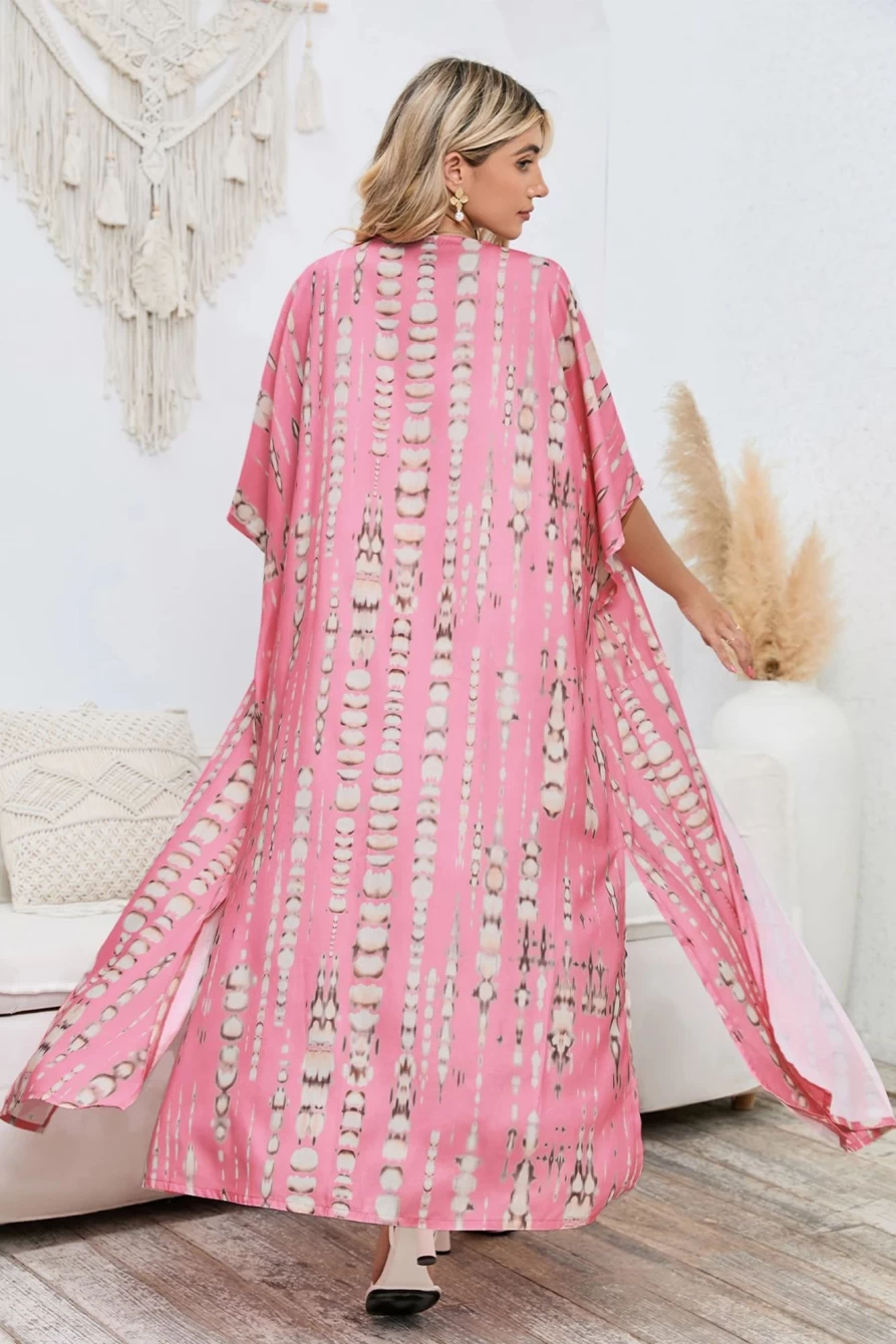 "SheWin Women's Pink Bohemian Tie-Dye Oversized Long Kimono Cardigan"