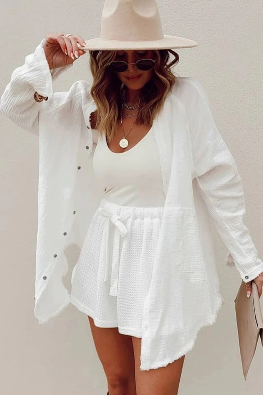 Shewin Women's White Waffle Knit High Waist Lace-Up Wide Leg Shorts
