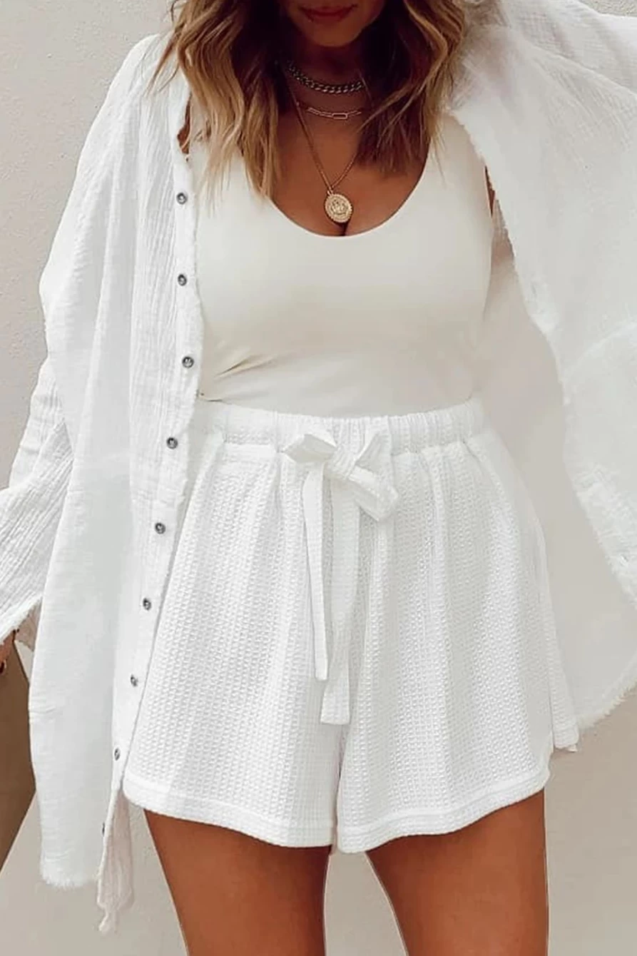 Shewin Women's White Waffle Knit High Waist Lace-Up Wide Leg Shorts