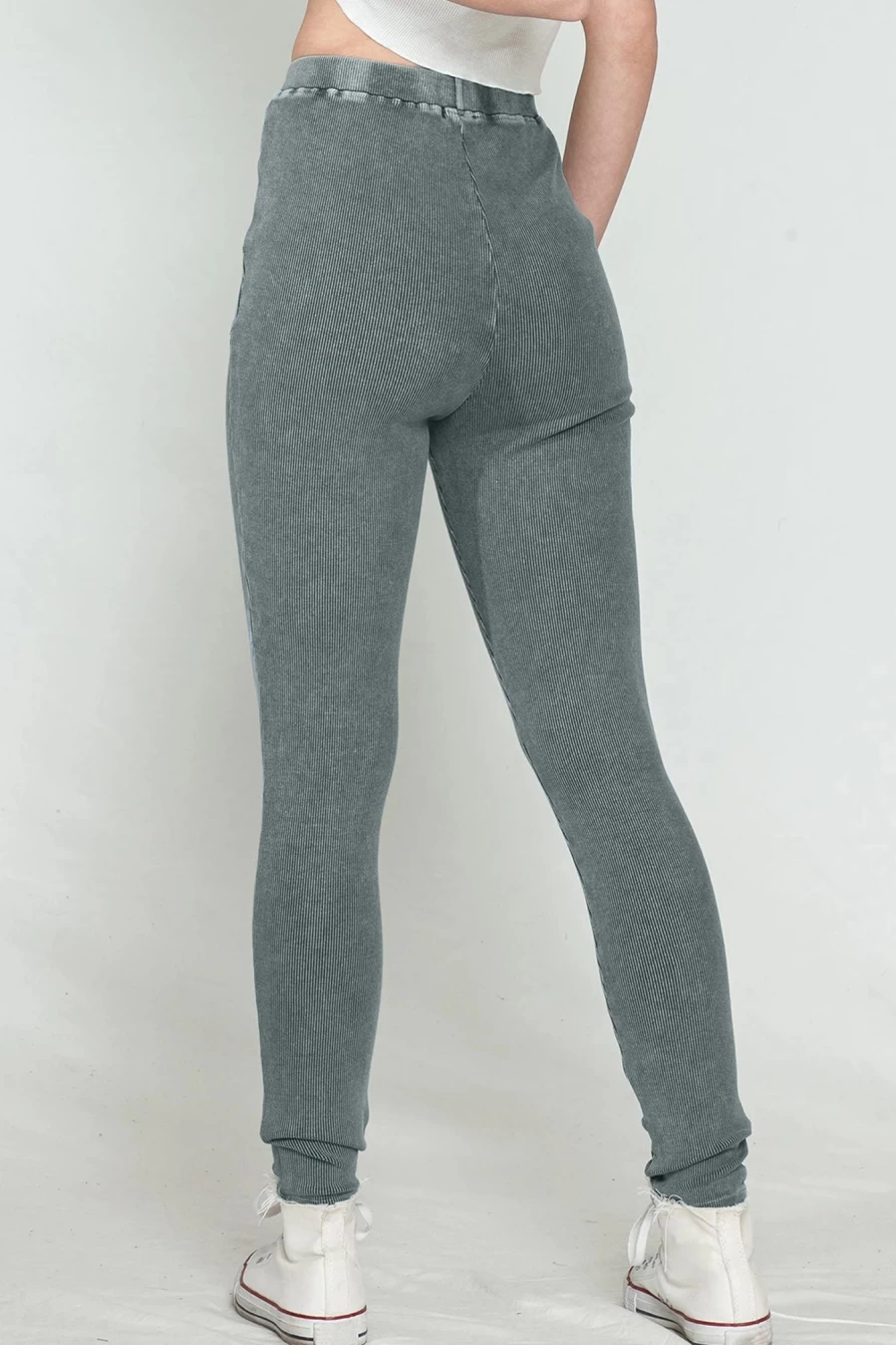 Shewin Women's Dark Grey Vintage Wash Ribbed Leggings - High Waisted Stretchy Comfort