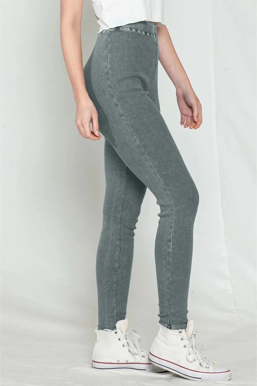 Shewin Women's Dark Grey Vintage Wash Ribbed Leggings - High Waisted Stretchy Comfort