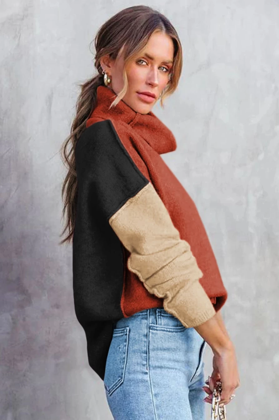 Shewin Women's Clay Red Color Block Drop Shoulder Turtleneck Sweater
